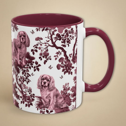 Cavalier King Charles Spaniel (Ruby) Cranberry Toile 11 oz ceramic mug, right view