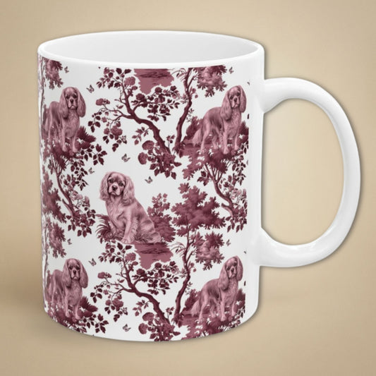 Cavalier King Charles Spaniel (Ruby) Cranberry Toile Deux 11 oz ceramic mug, right view