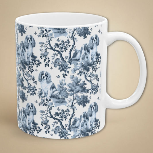 Cavalier King Charles Spaniel (Blenheim) Garden Toile Deux 11 oz ceramic mug, right view