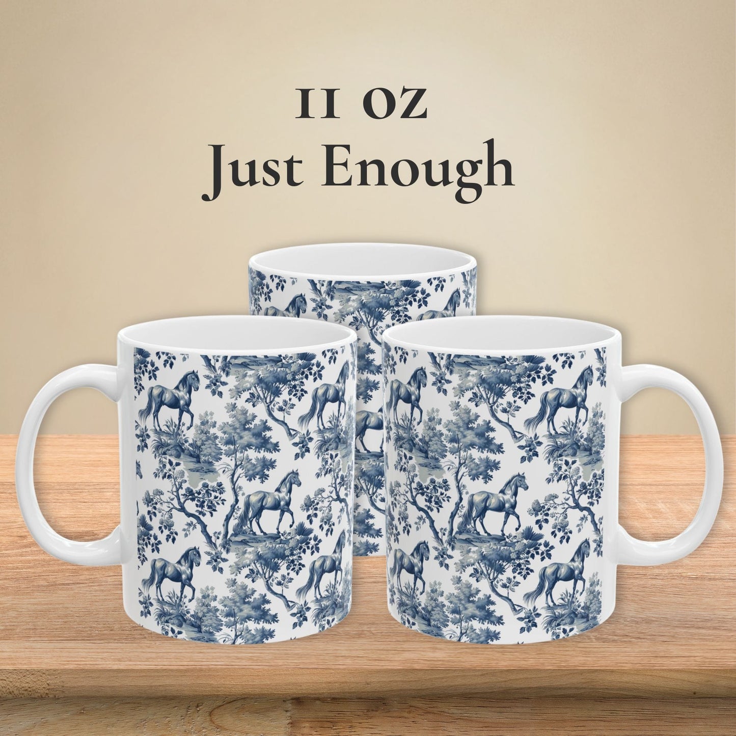 11 oz classic blue toile Horse coffee mug shown from three sides