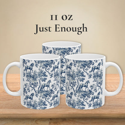 11 oz classic blue toile Horse coffee mug shown from three sides