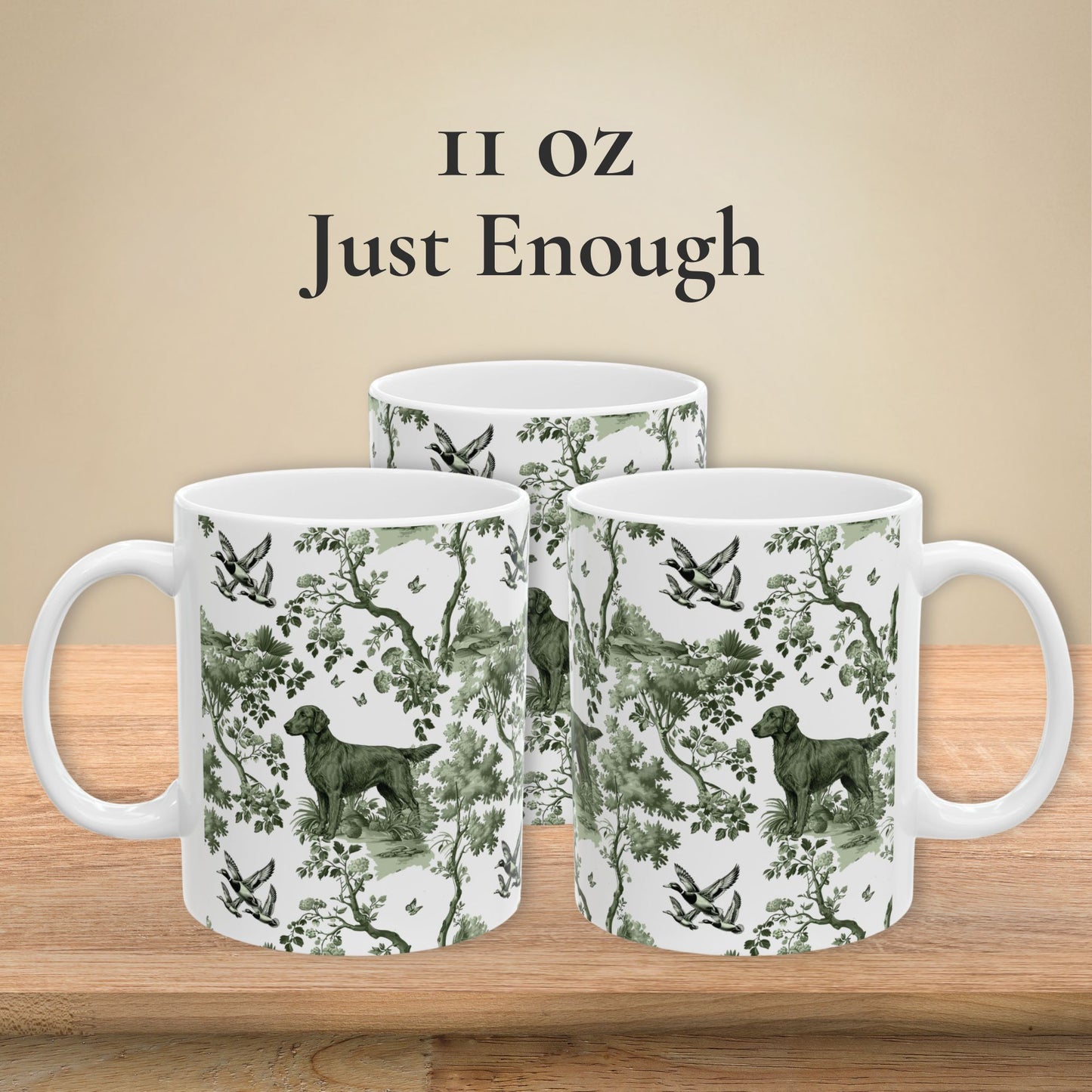 11 oz sage green toile Flat-Coated Retriever coffee mug shown from three sides