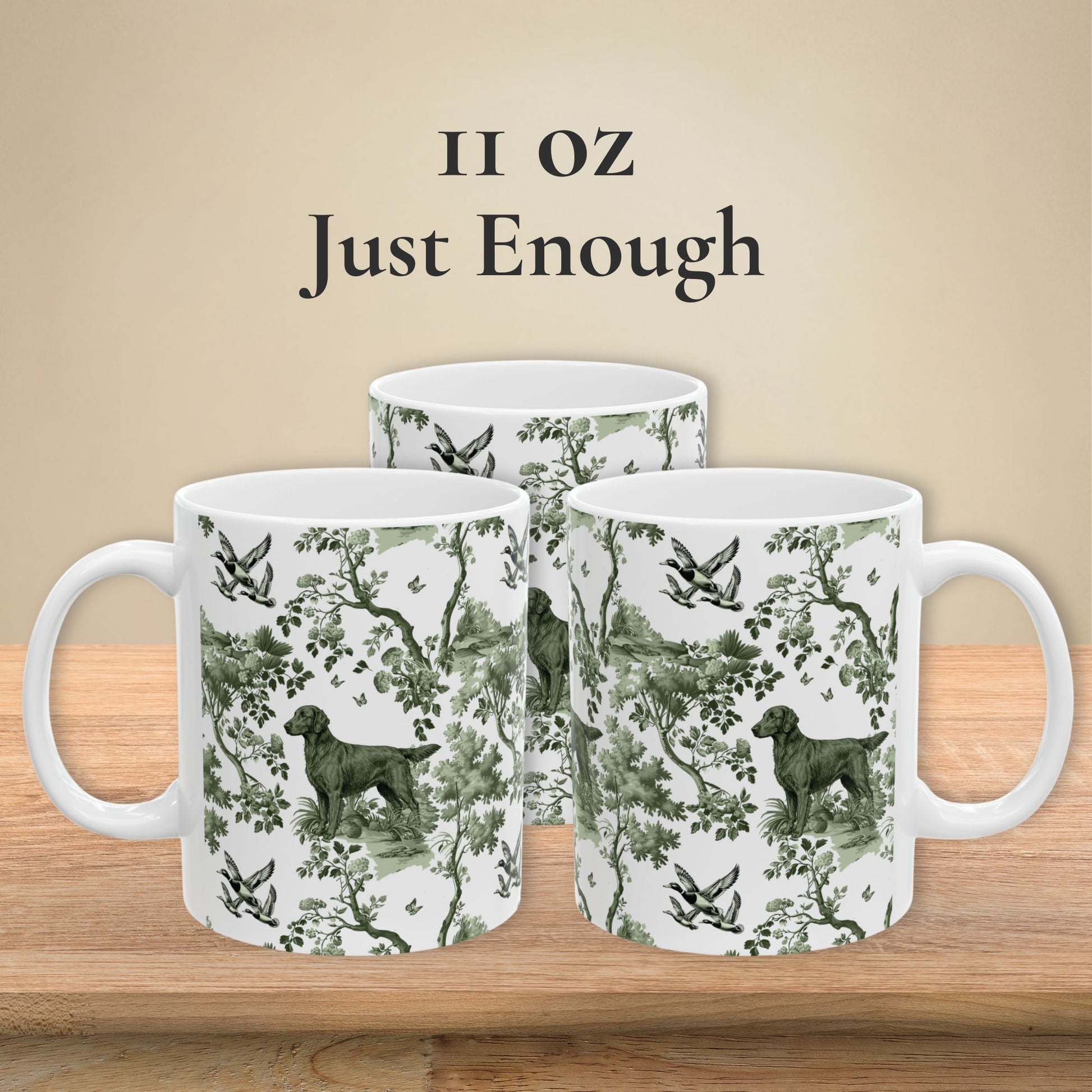 11 oz sage green toile Flat-Coated Retriever coffee mug shown from three sides