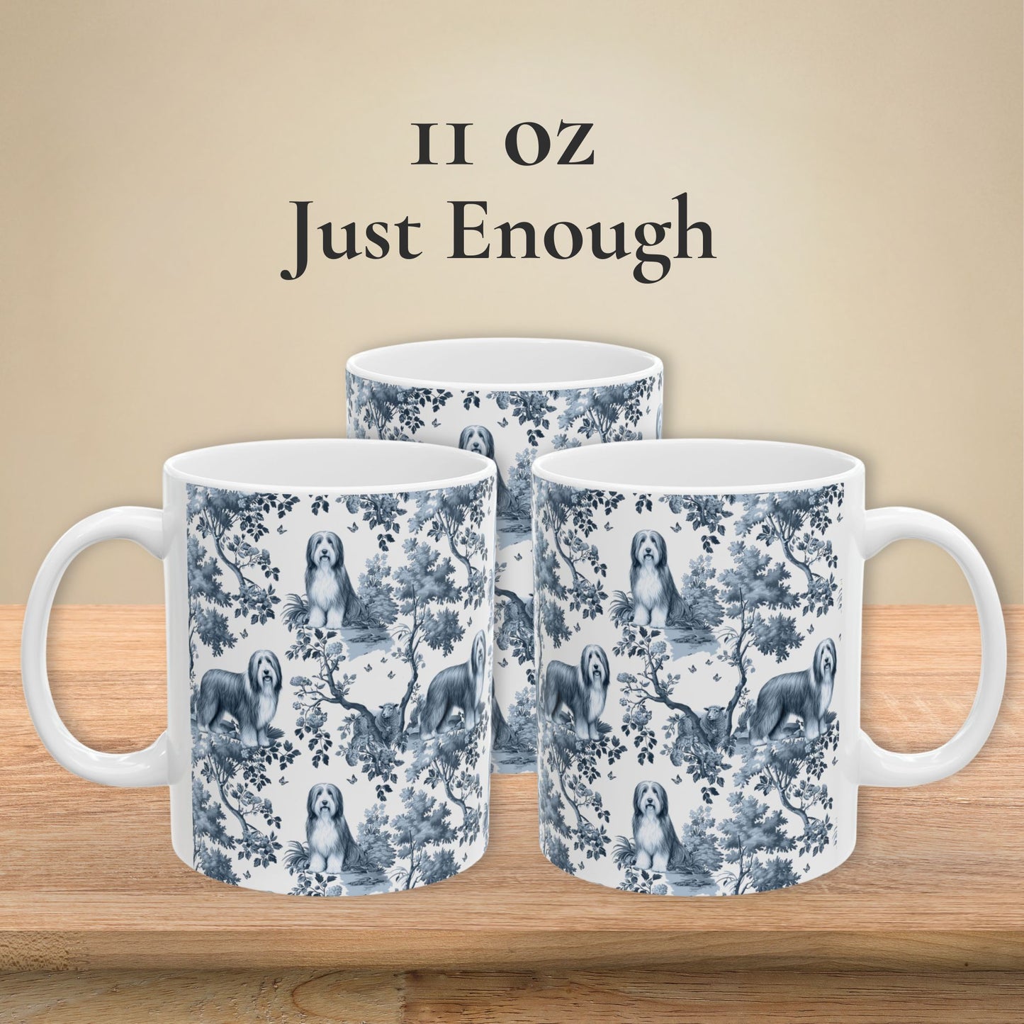 11 oz blue toile Bearded Collie coffee mug shown from three sides