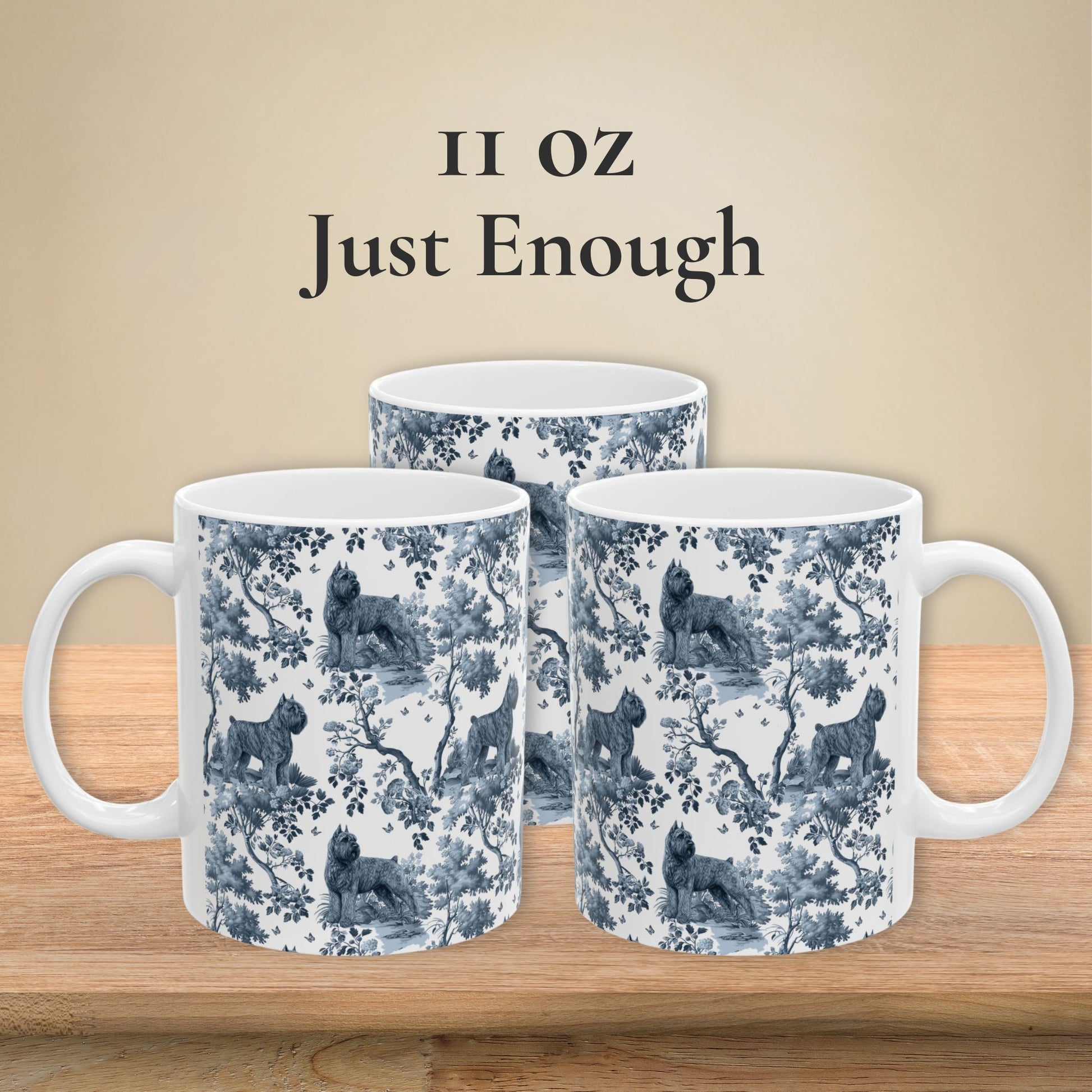 11 oz blue toile Bouvier des Flandres coffee mug shown from three sides