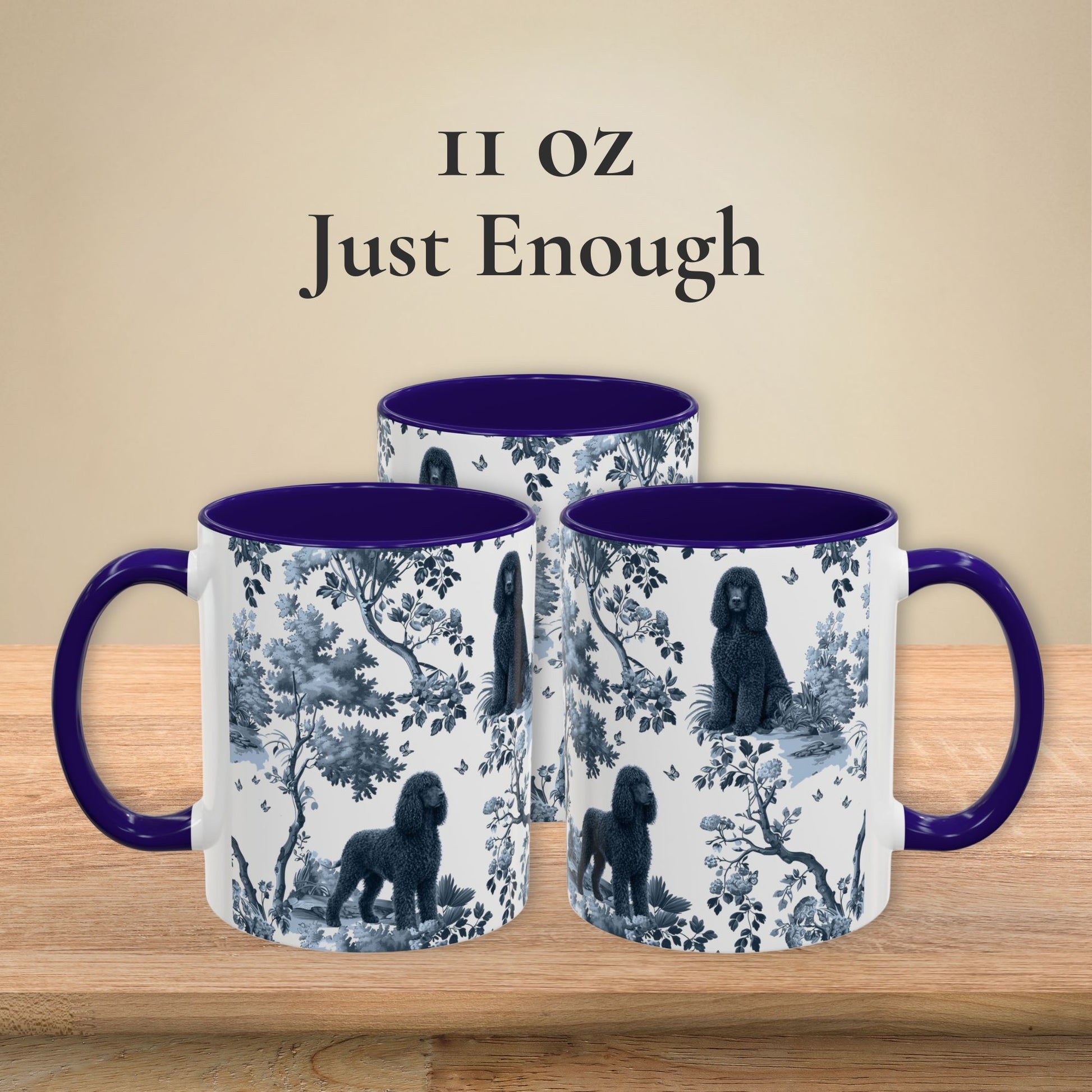 11 oz blue toile Irish Water Spaniel coffee mug shown from three sides