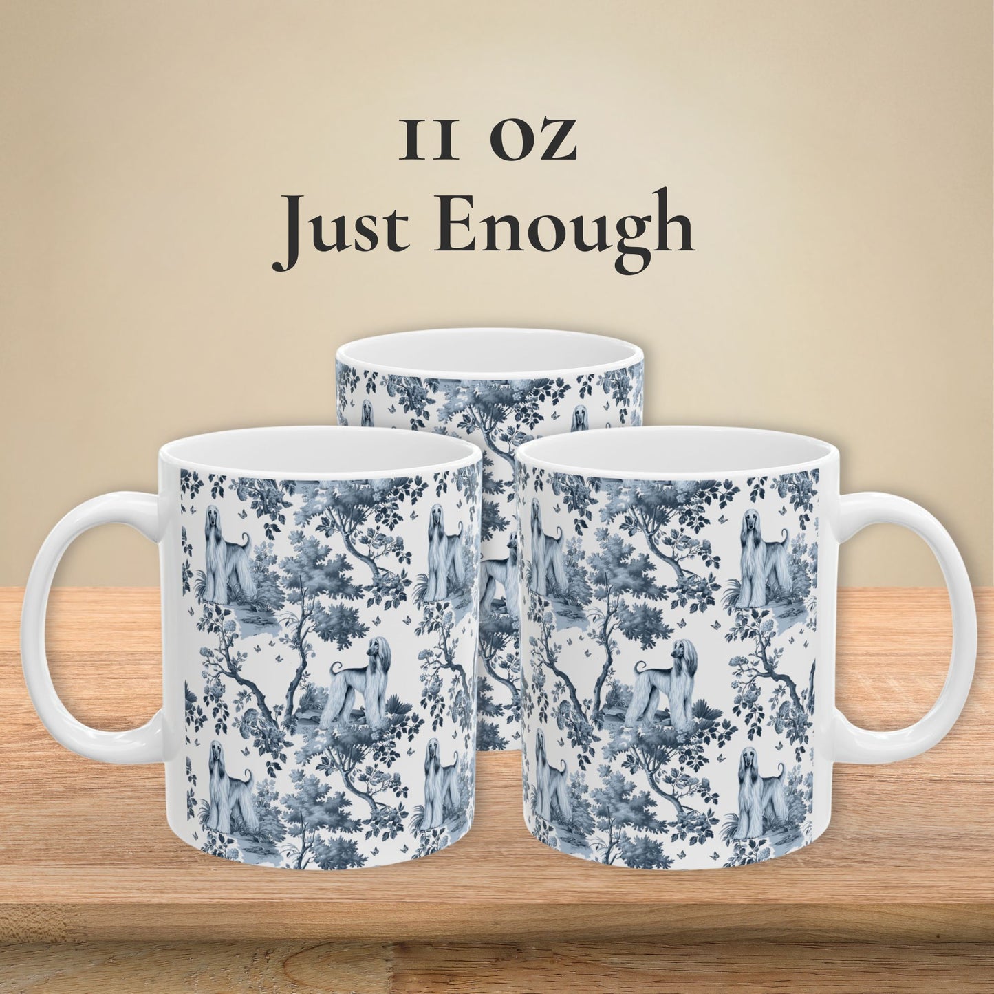 11 oz blue toile Afghan Hound coffee mug shown from three sides