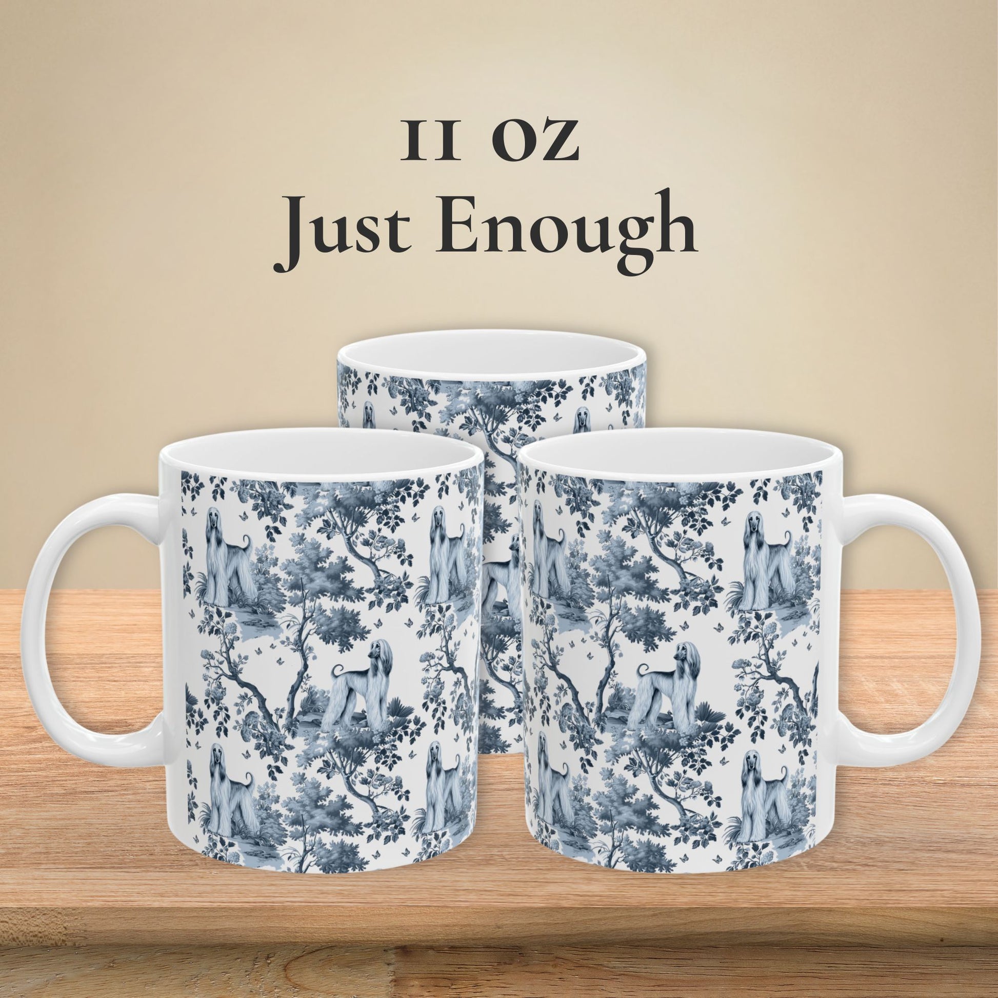 11 oz blue toile Afghan Hound coffee mug shown from three sides