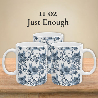 11 oz blue toile Silky Terrier coffee mug shown from three sides
