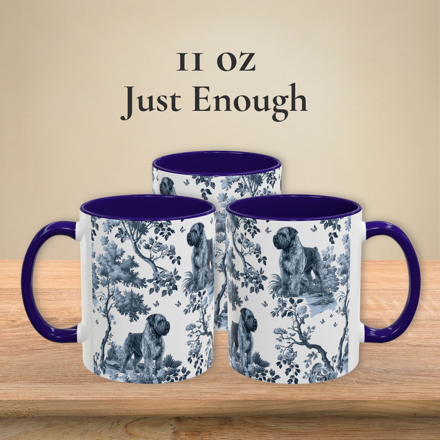 11 oz blue toile Bouvier des Flandres coffee mug shown from three sides