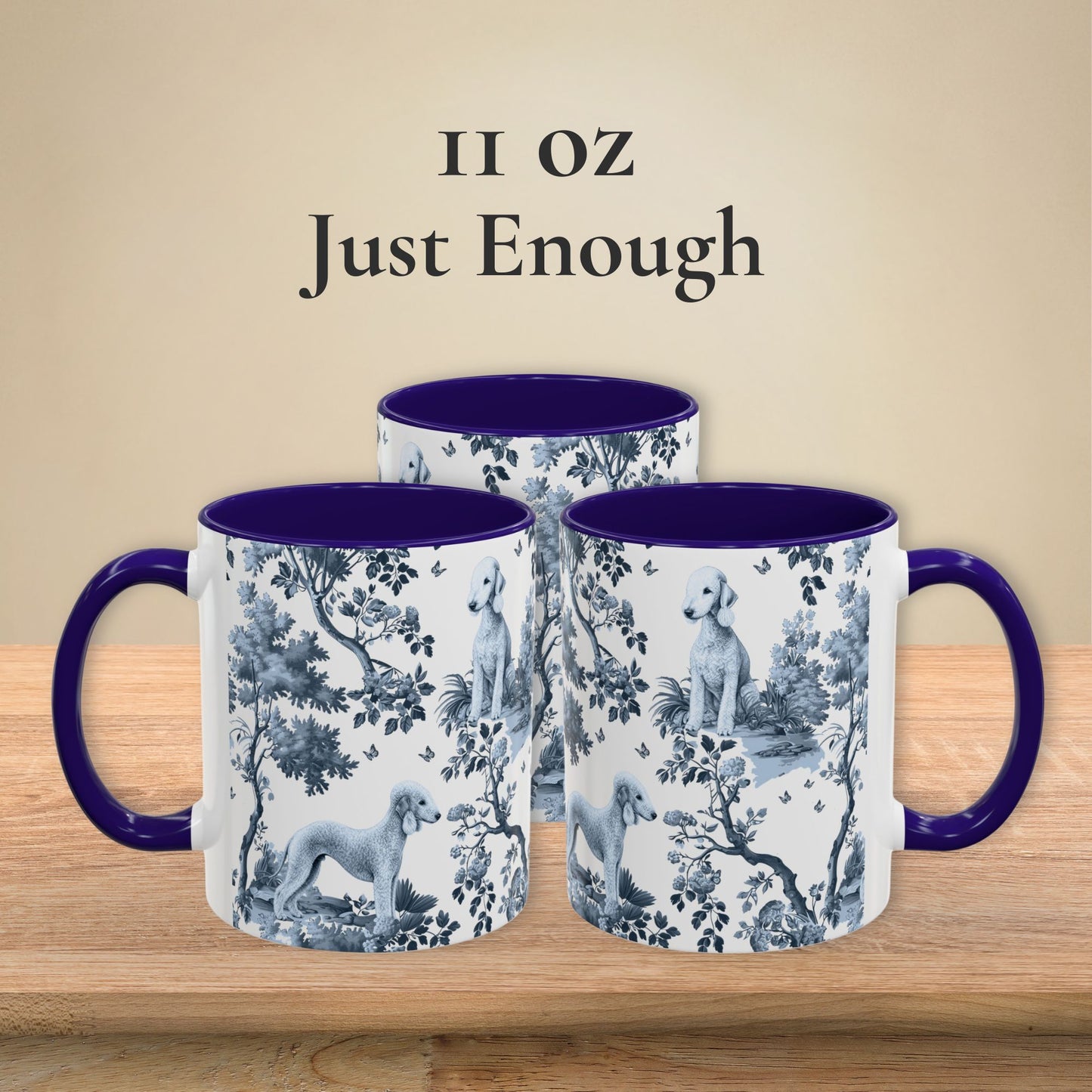 11 oz blue toile Bedlington Terrier coffee mug shown from three sides