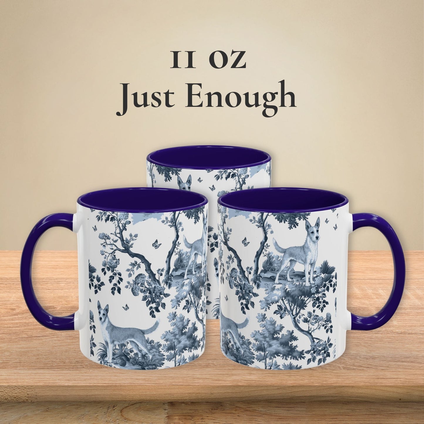 11 oz blue toile Portuguese Podengo coffee mug shown from three sides