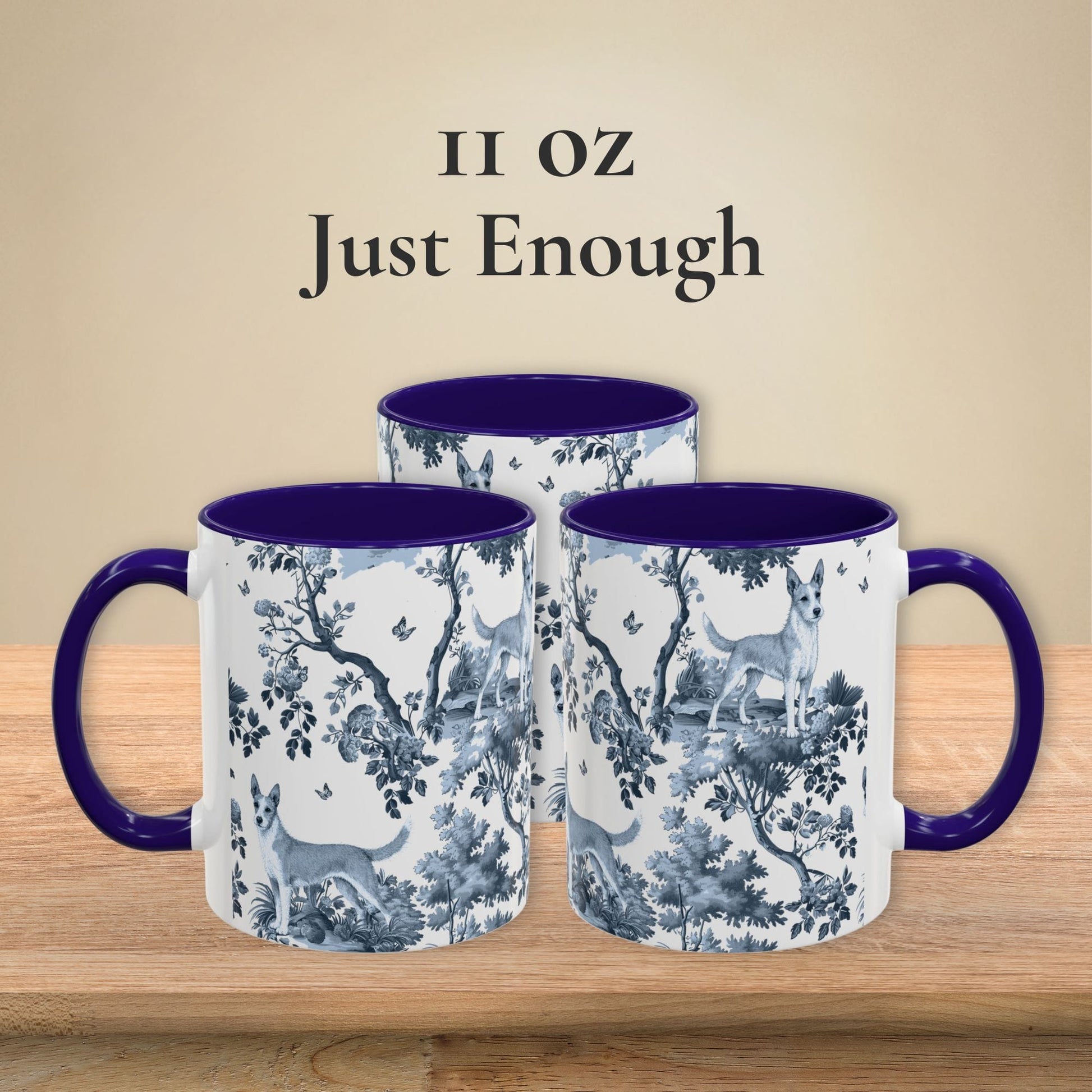 11 oz blue toile Portuguese Podengo coffee mug shown from three sides