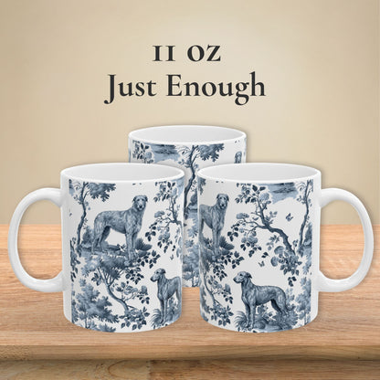 11 oz blue toile Scottish Deerhound coffee mug shown from three sides