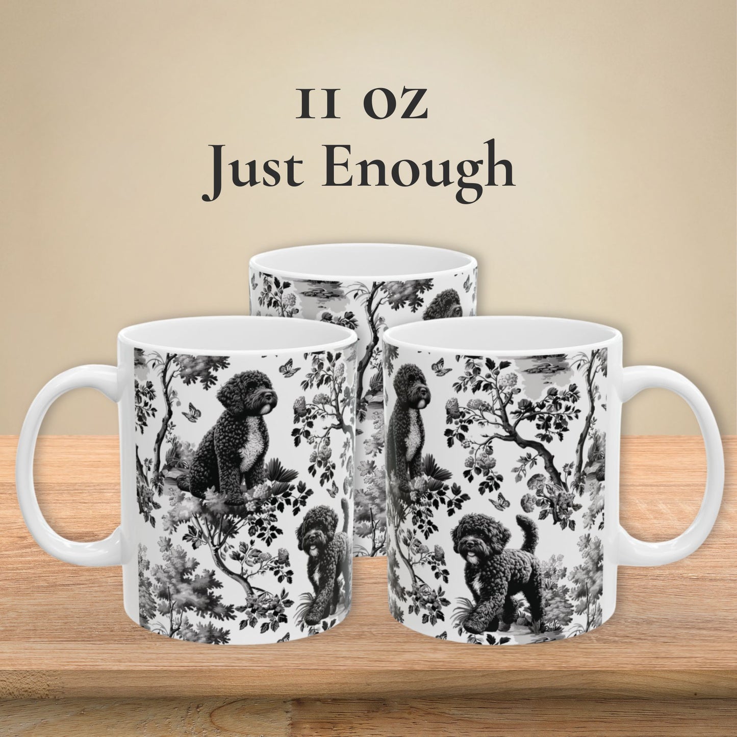 11 oz black toile Portuguese Water Dog coffee mug shown from three sides