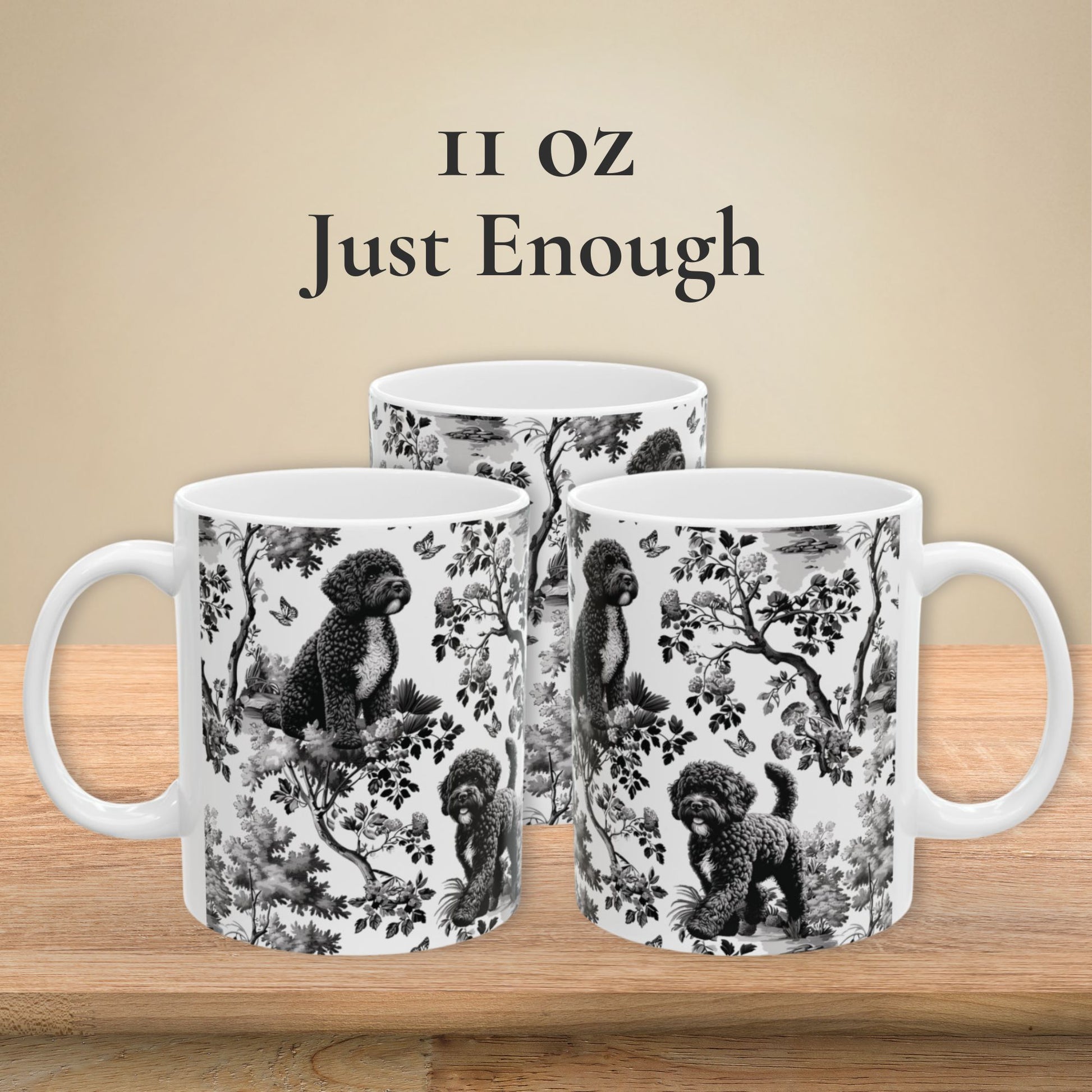 11 oz black toile Portuguese Water Dog coffee mug shown from three sides