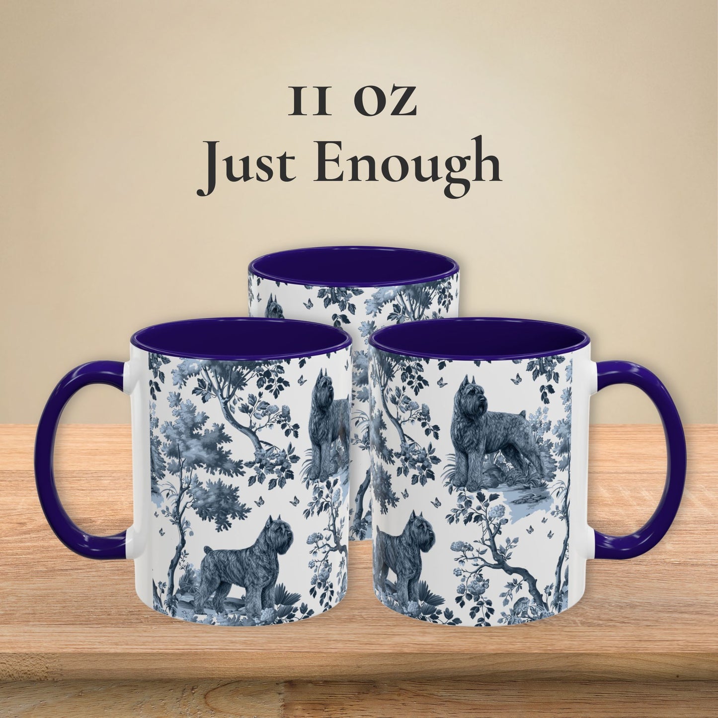11 oz blue toile Bouvier des Flandres coffee mug shown from three sides