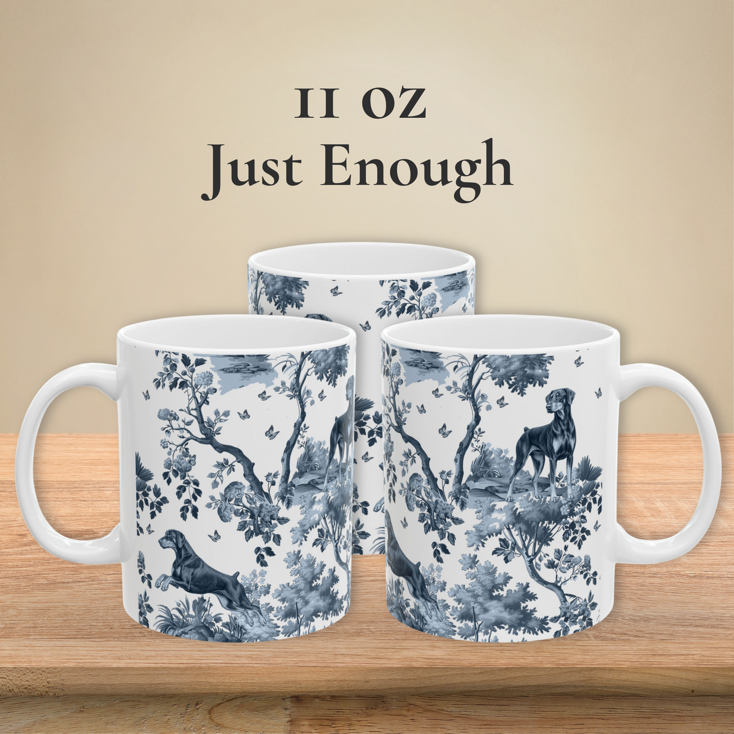 Doberman (Drop Ear) Mug - Blue Toile Pattern