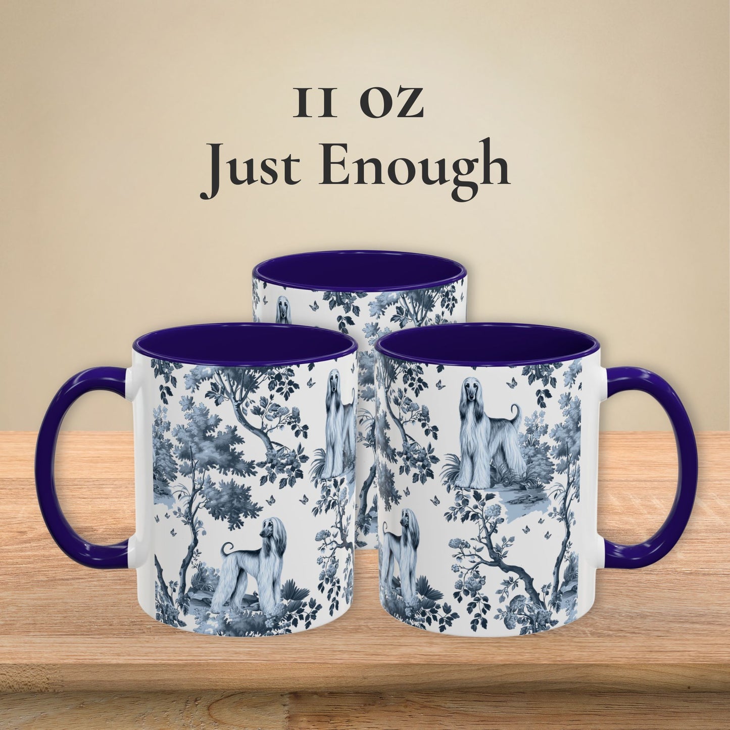 11 oz blue toile Afghan Hound coffee mug shown from three sides