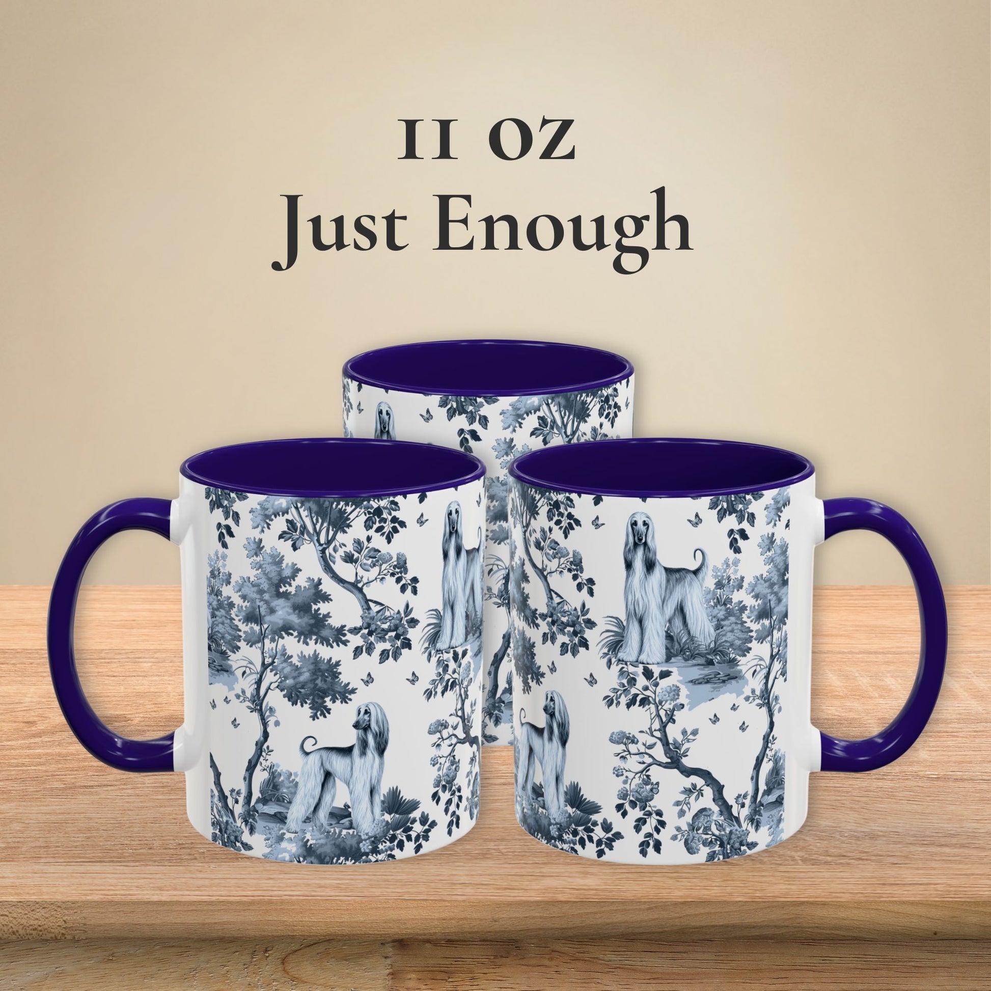 11 oz blue toile Afghan Hound coffee mug shown from three sides