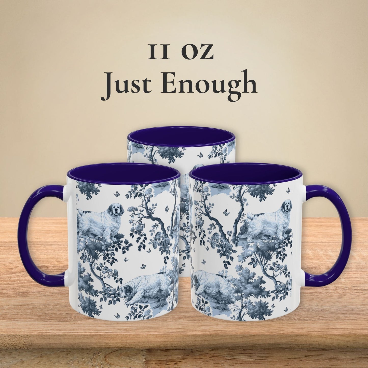 11 oz blue toile Clumber Spaniel coffee mug shown from three sides