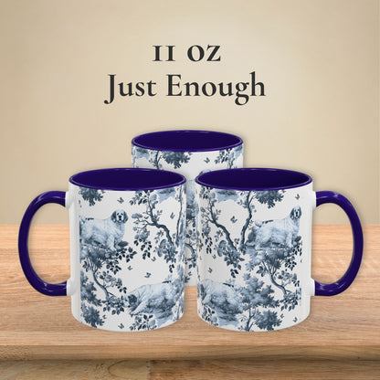 11 oz blue toile Clumber Spaniel coffee mug shown from three sides