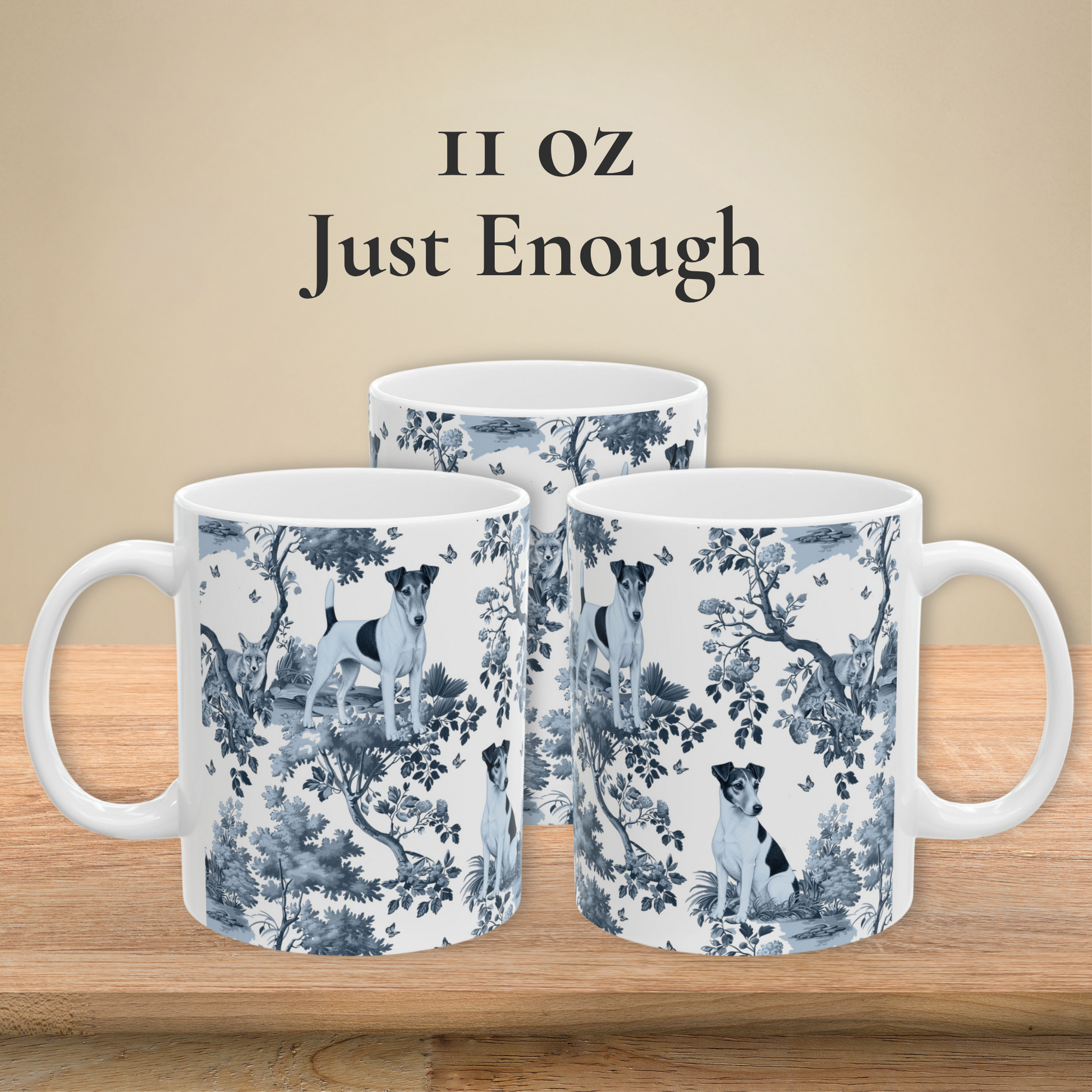 Japanese Chin blue toile coffee mug 11 oz with white handle front view