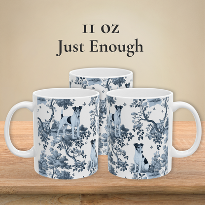 Japanese Chin blue toile coffee mug 11 oz with white handle front view