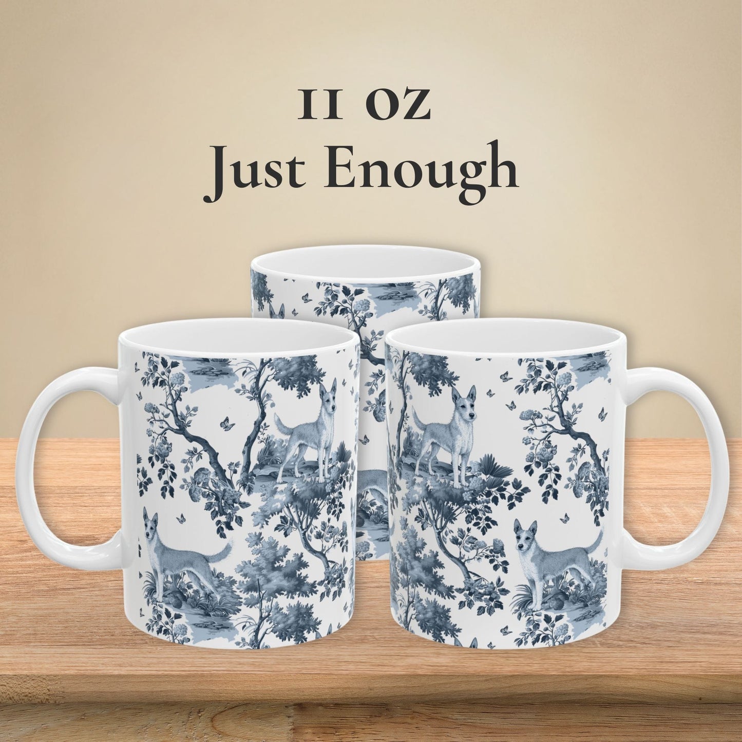 11 oz blue toile Portuguese Podengo coffee mug shown from three sides