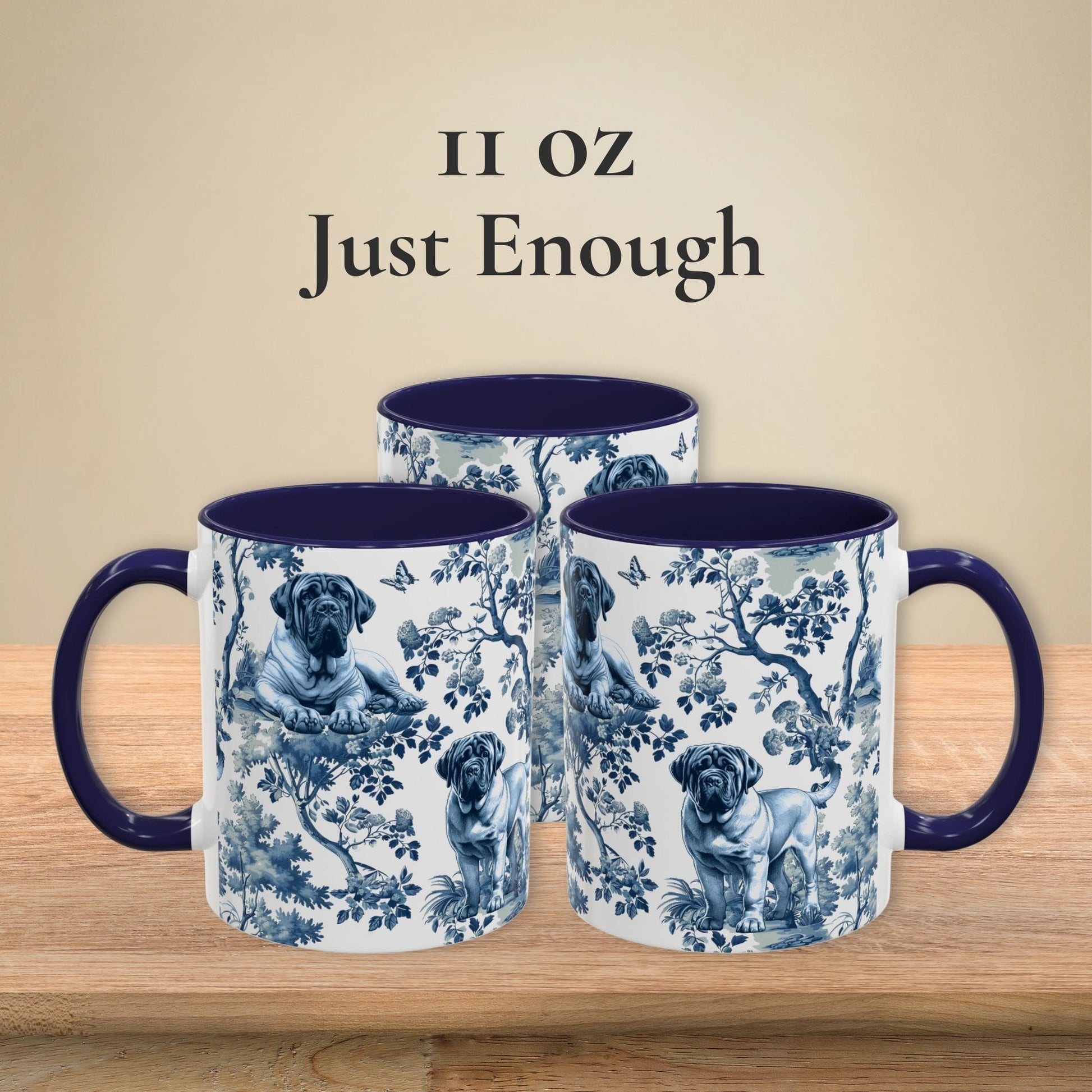 11 oz blue toile English Mastiff coffee mug shown from three sides