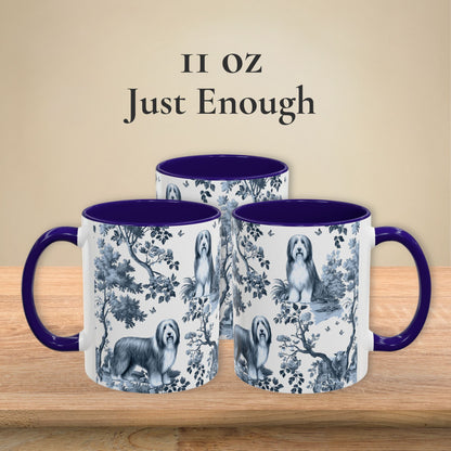 11 oz blue toile Bearded Collie coffee mug shown from three sides