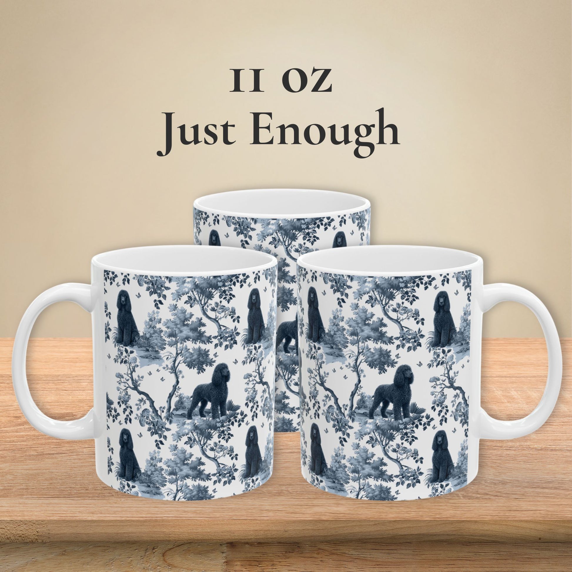 11 oz blue toile Irish Water Spaniel coffee mug shown from three sides