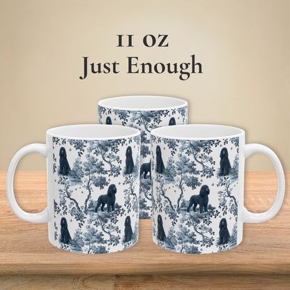 11 oz blue toile Irish Water Spaniel coffee mug shown from three sides