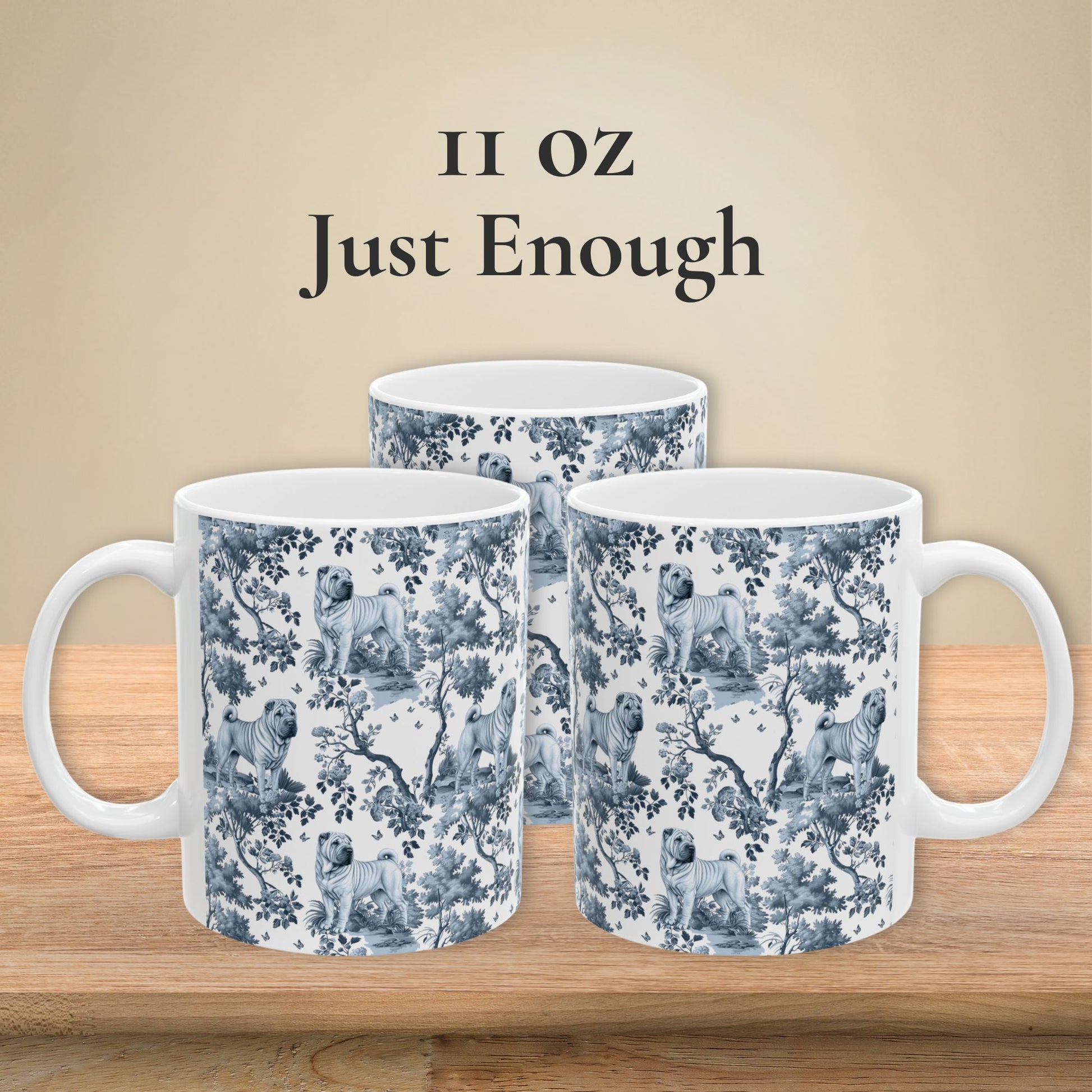 11 oz blue toile Chinese Shar-Pei coffee mug shown from three sides