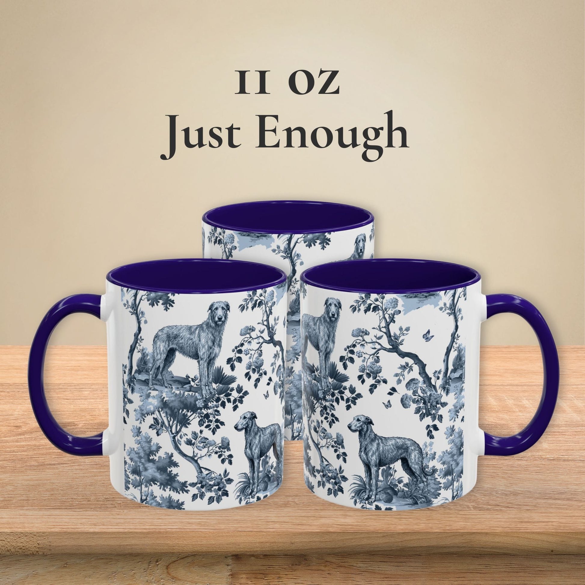 11 oz blue toile Scottish Deerhound coffee mug shown from three sides