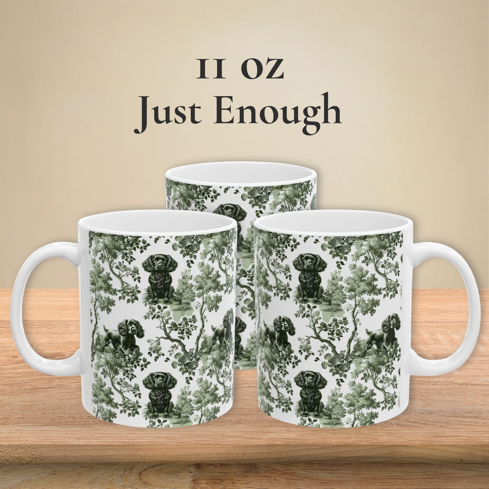 11 oz sage green toile Boykin Spaniel coffee mug shown from three sides