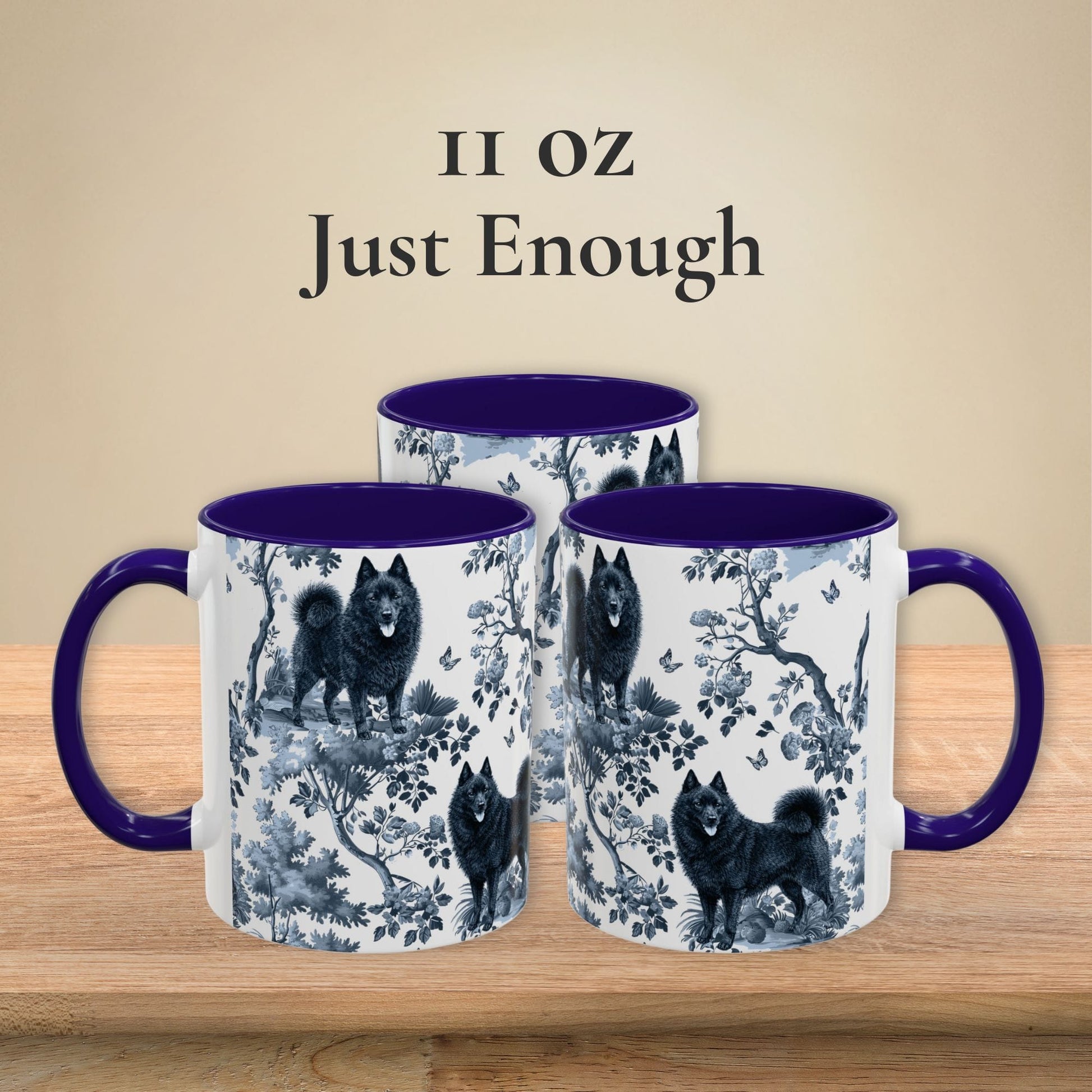 11 oz blue toile Schipperke coffee mug shown from three sides
