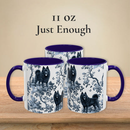 11 oz blue toile Schipperke coffee mug shown from three sides