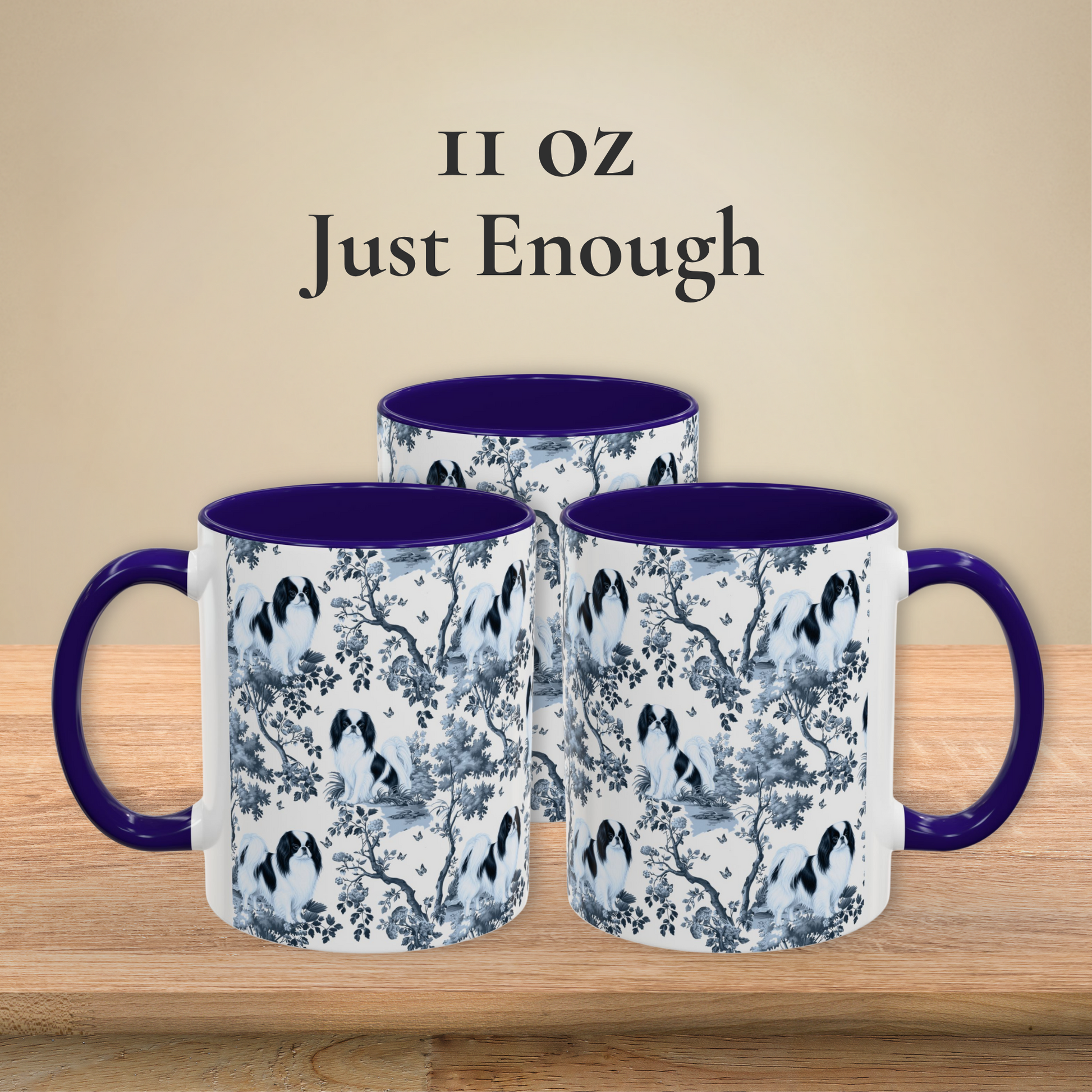 Japanese Chin blue toile coffee mug 11 oz front view