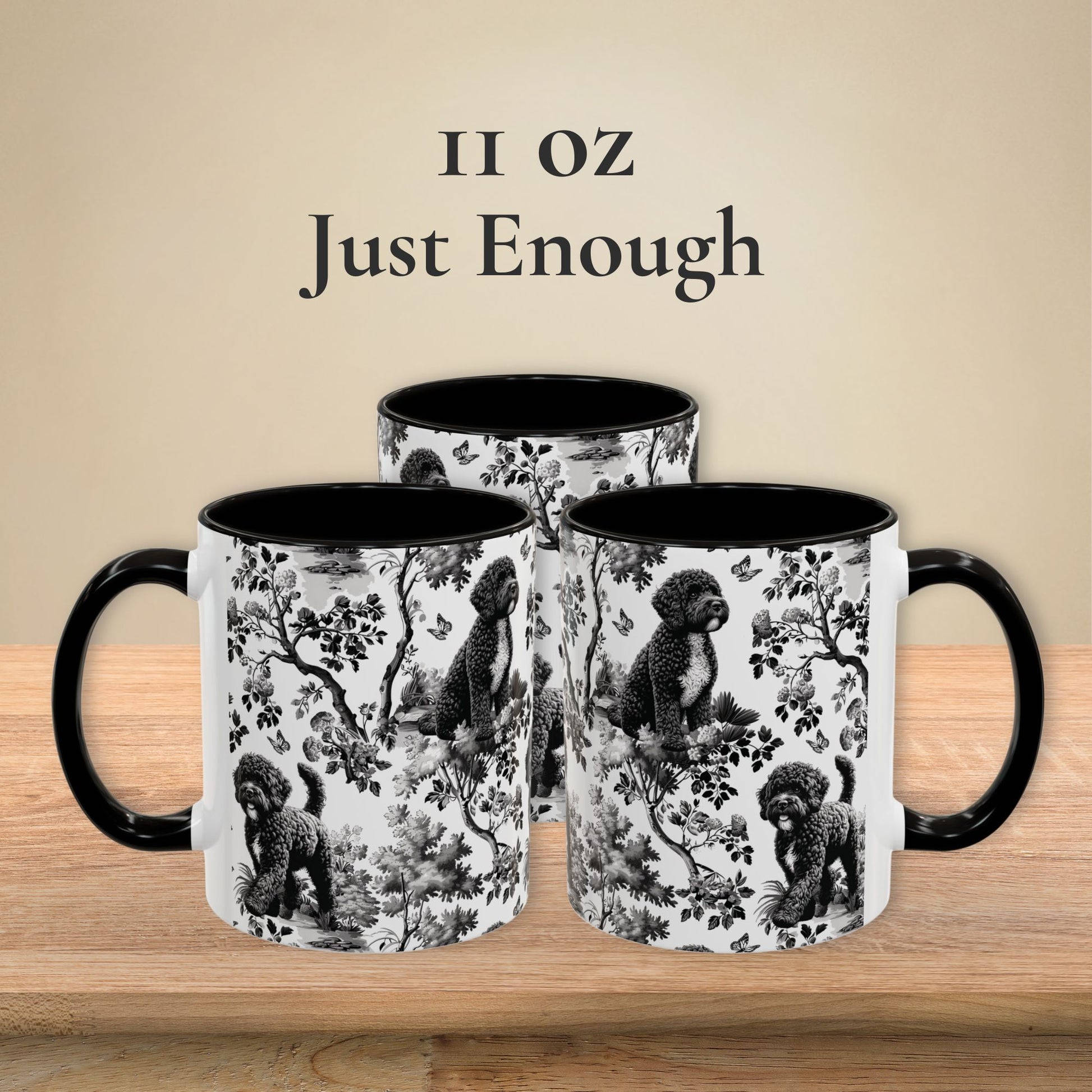 11 oz black toile Portuguese Water Dog coffee mug shown from three sides