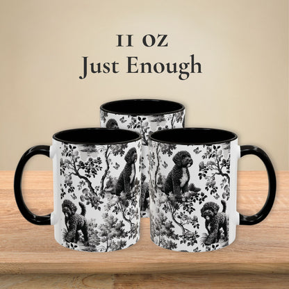 11 oz black toile Portuguese Water Dog coffee mug shown from three sides