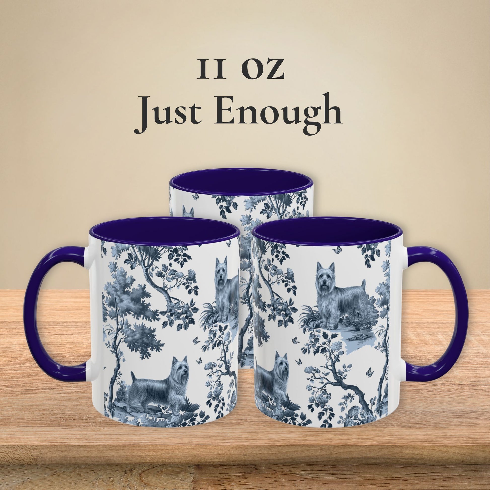 11 oz blue toile Silky Terrier coffee mug shown from three sides