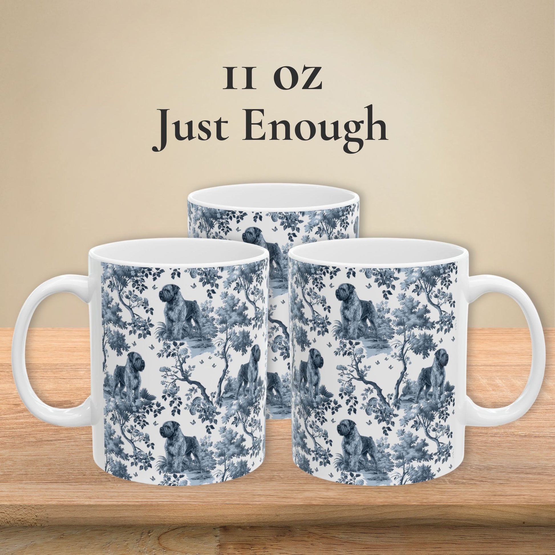 11 oz blue toile Bouvier des Flandres coffee mug shown from three sides