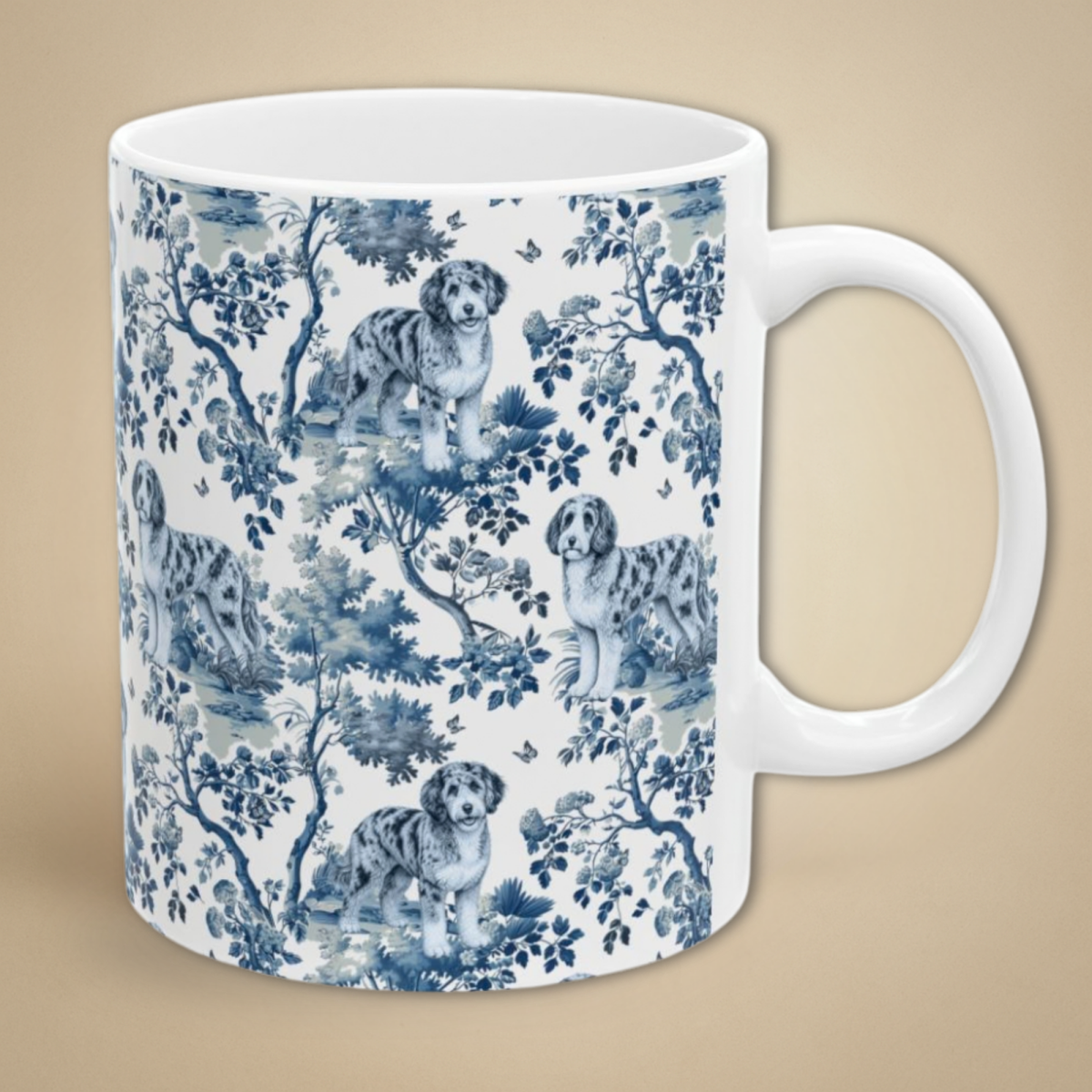 Aussiedoodle Garden Toile 11 oz ceramic mug, right view