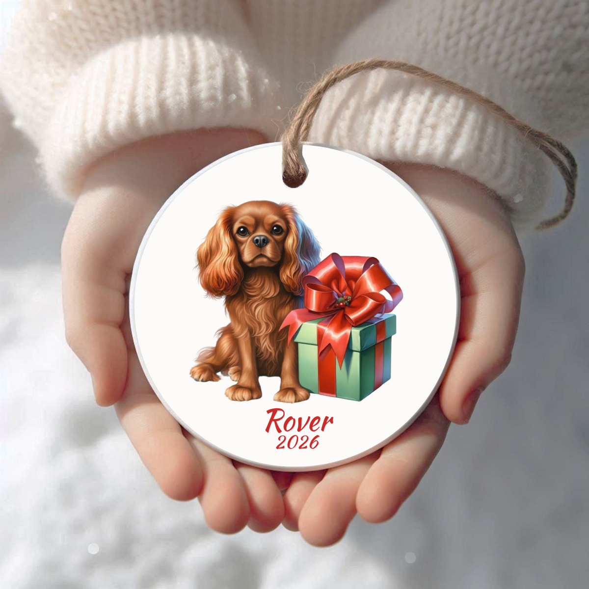 Personalized Ruby Cavalier King Charles Spaniel Christmas ornament held in cupped hands