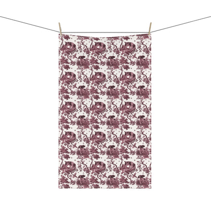 English Springer Spaniel Tea Towel with cranberry toile design, hanging from a clothesline, showing the full repeating design.