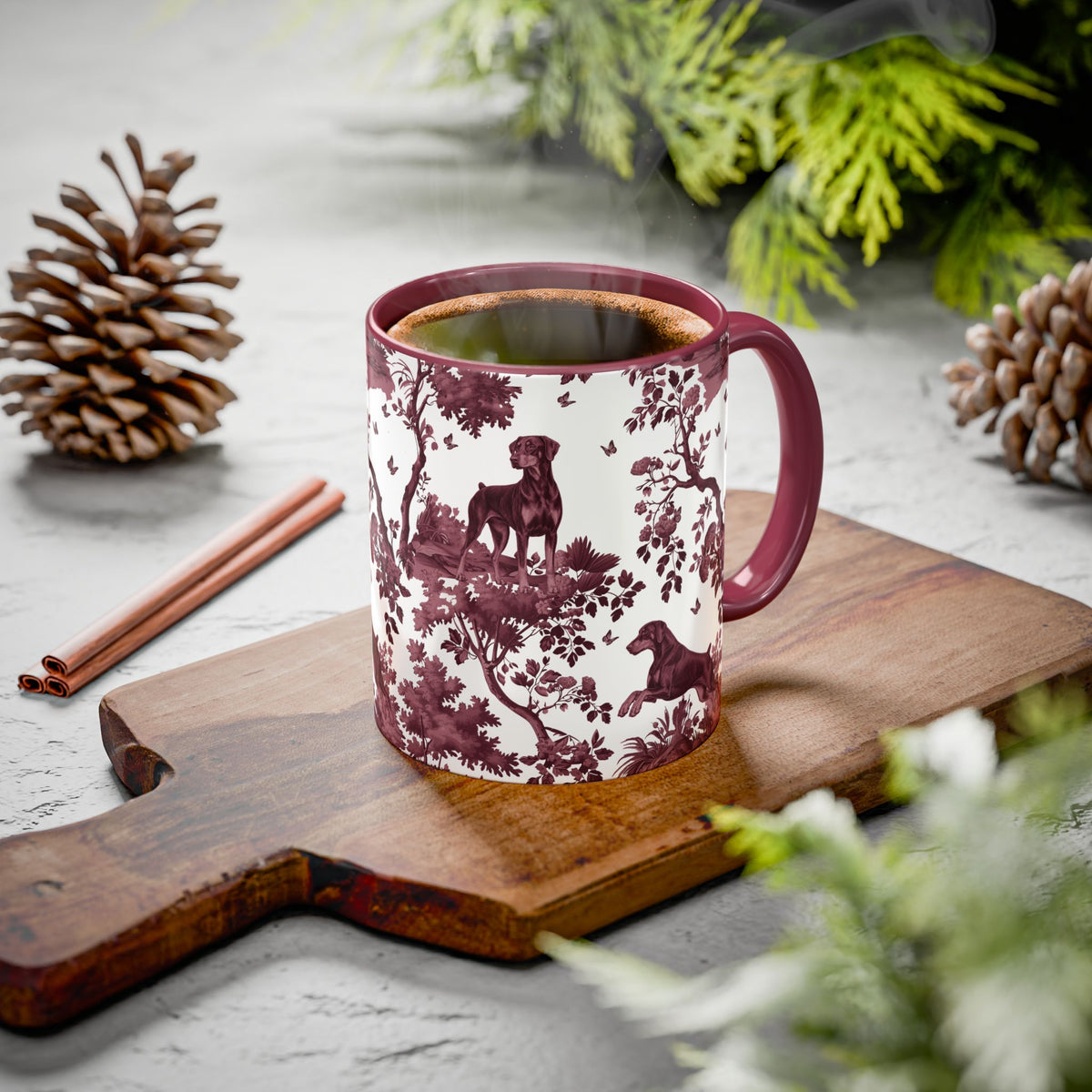 Doberman Uncropped cranberry toile ceramic mug styled on a table, lifestyle photo