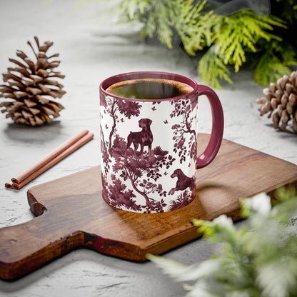 Doberman Uncropped cranberry toile ceramic mug styled on a table, lifestyle photo