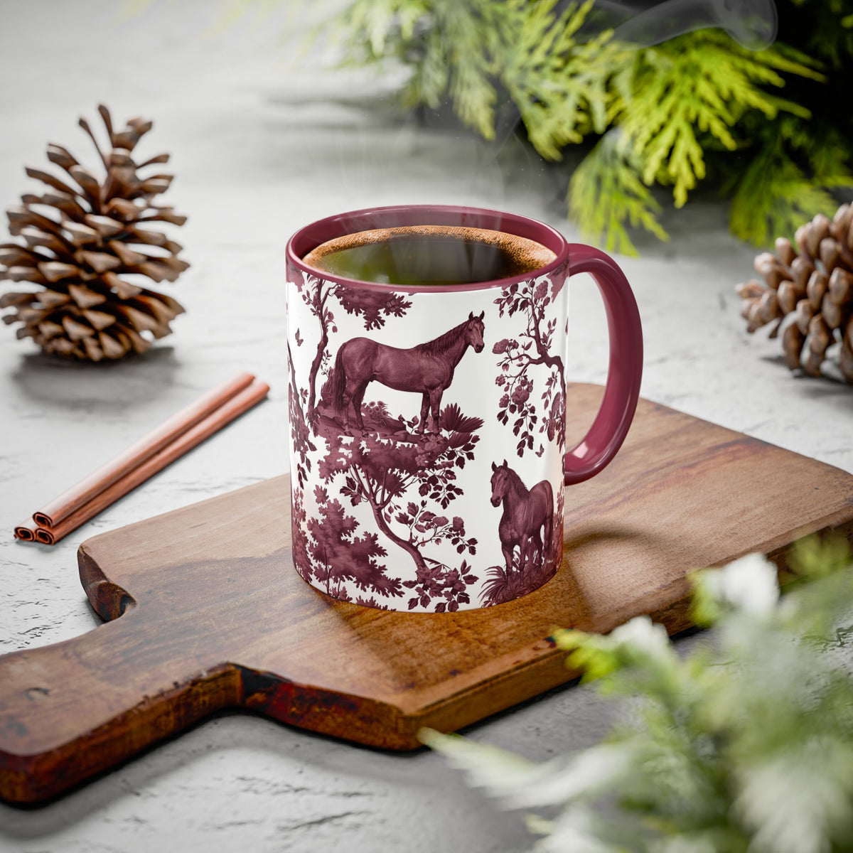 Quarter Horse cranberry toile ceramic mug styled on a table, lifestyle photo
