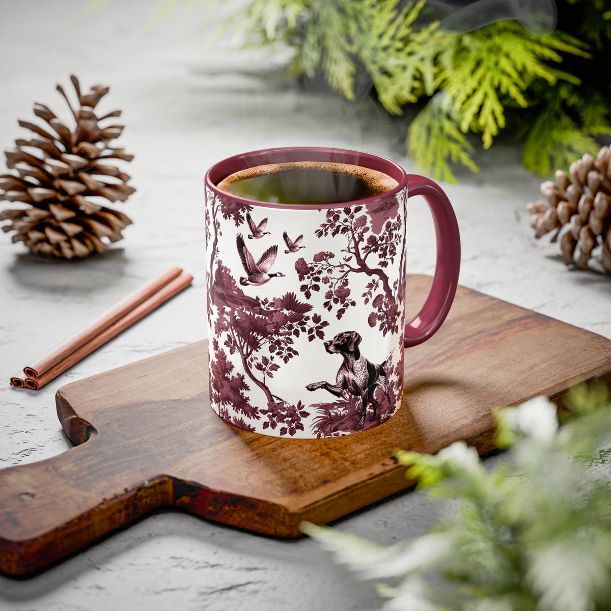 German Shorthaired Pointer cranberry toile ceramic mug styled on a table, lifestyle photo